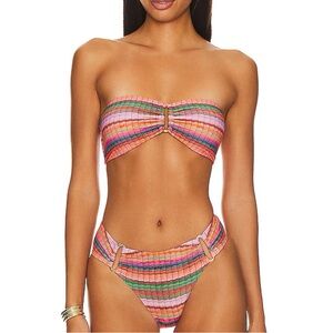 PQ Detail Bandeau Bikini Top and Fanned Bikini Bottom in Jetty Stripe
